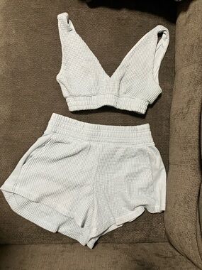 Waffle Knit Bralette & Shorts Set in Light Blue - Women's Intimates